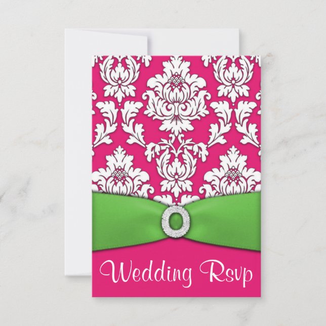 Hot Pink & Lime Green Damask Wedding RSVP Cards (Front)