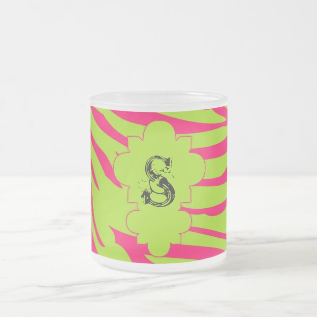 Hot Pink Lime Zebra Frosted Glass Coffee Mug Cup (Center)