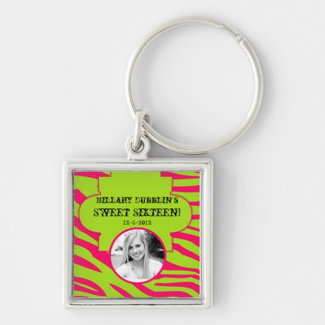 Hot Pink Lime Zebra Print Animal Patter Key Chain (Front)