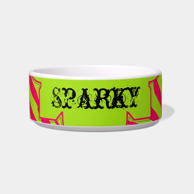 Hot Pink Lime Zebra Print Animal Pet Food Bowl (Front)
