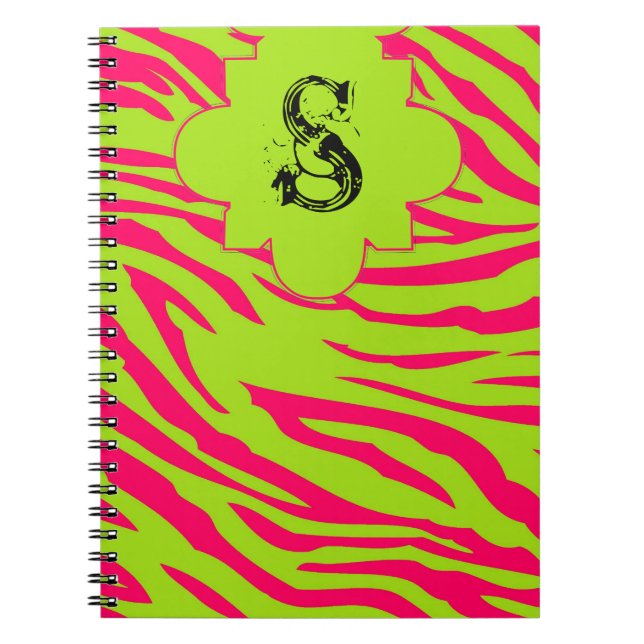 Hot Pink Lime Zebra Print Animal Spiral Notebook (Front)