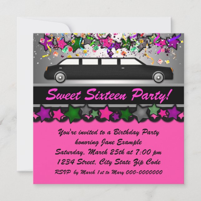 Hot Pink Limousine Birthday Party Invitation (Front)