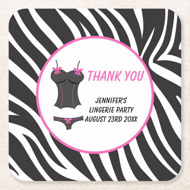Hot Pink Lingerie Party Thank You Square Paper Coaster (Front)