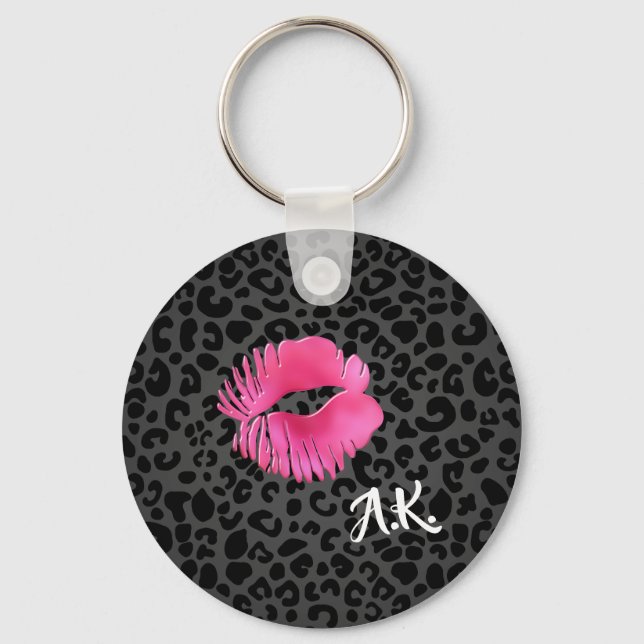 Hot Pink Lipgloss Kiss Black Leopard With Monogram Key Ring (Front)