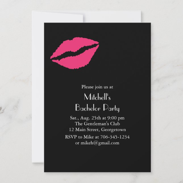 Hot Pink Lips Bachelor Party Invitation (black) (Front)