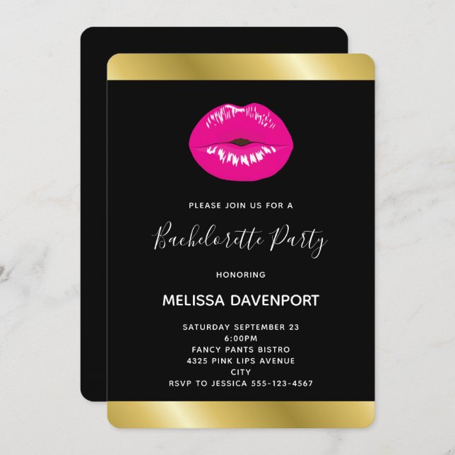 Hot Pink Lips Glamourous Illustration Bachelorette Invitation (Front/Back)
