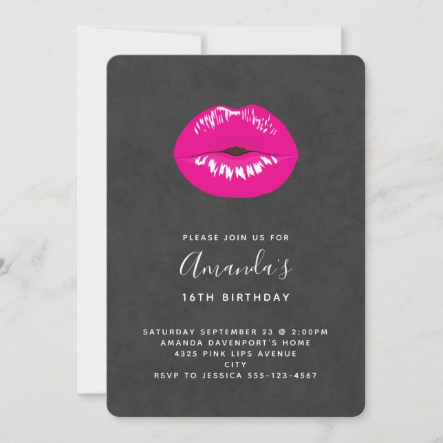 Hot Pink Lips Glamourous Illustration Birthday Invitation (Front)