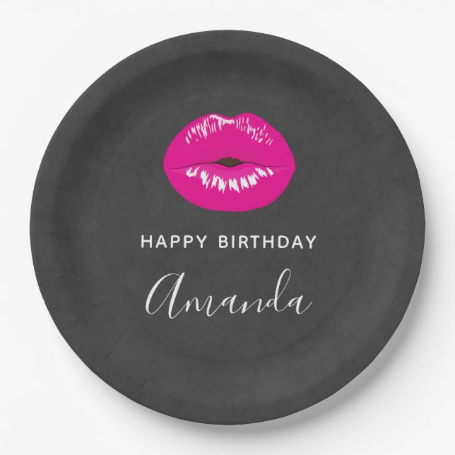 Hot Pink Lips Glamourous Illustration Birthday Paper Plate (Front)