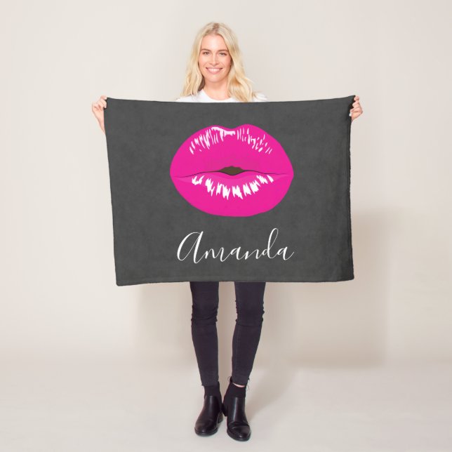 Hot Pink Lips Glamourous Illustration Fleece Blanket (In Situ)