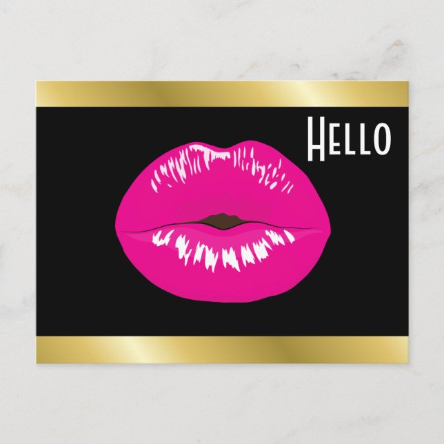 Hot Pink Lips Glamourous Illustration Hello Postcard (Front)