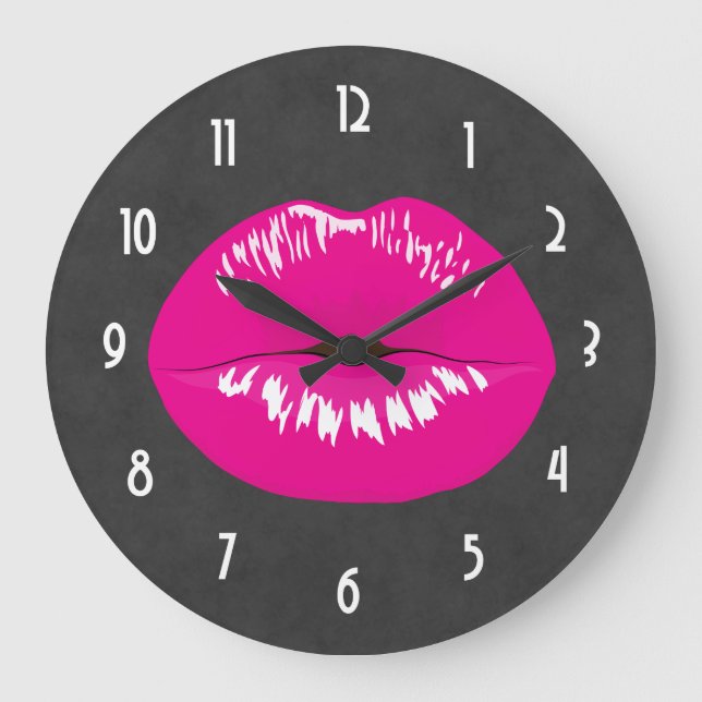 Hot Pink Lips Glamourous Illustration Large Clock (Front)