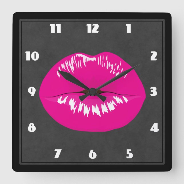 Hot Pink Lips Glamourous Illustration Square Wall Clock (Front)