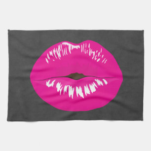 Hot Pink Lips Glamourous Illustration Tea Towel