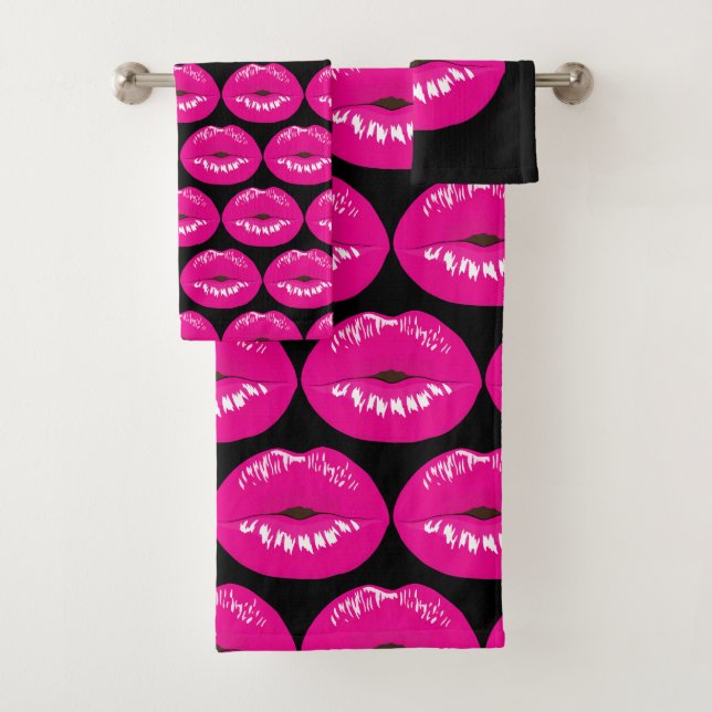 Hot Pink Lips Glamourous Pattern Bath Towel Set (Insitu)