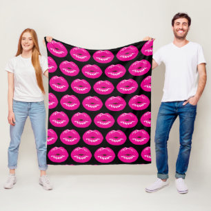 Hot Pink Lips Glamourous Pattern on Black Fleece Blanket