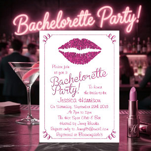 Hot Pink Lips Glitter Effect Bachelorette Party Invitation