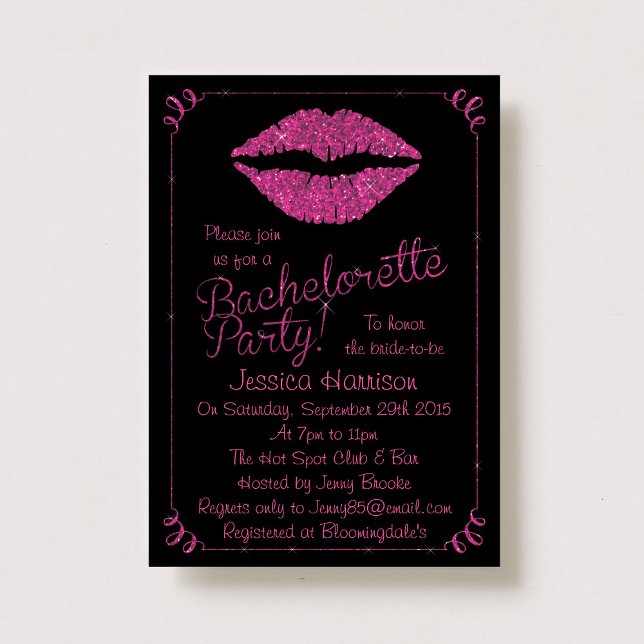 Hot Pink Lips Glitter Effect Bachelorette Party Invitation (Creator Uploaded)