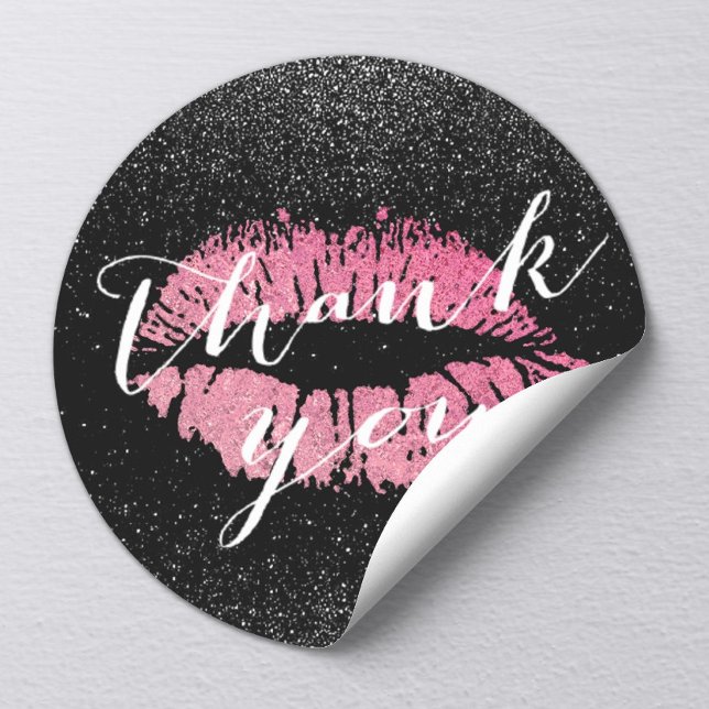 Hot Pink Lips Kiss Black Glitter Thank You Classic Round Sticker (Creator Uploaded)