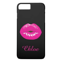 Hot Pink Lips Kiss Name Monogram Black iPhone Case
