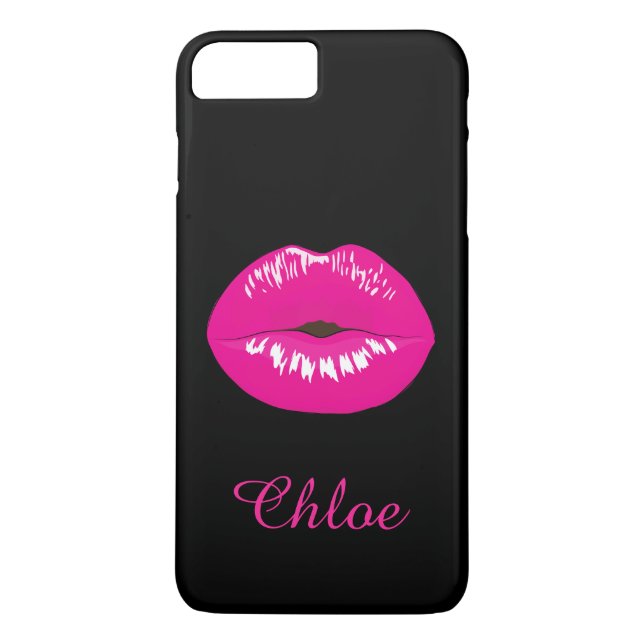Hot Pink Lips Kiss Name Monogram Black iPhone Case (Back)