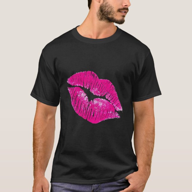 Hot Pink Lips Kiss Neon 80s Lipstick Party T-Shirt (Front)