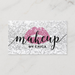 Hot Pink Lips Modern Silver Sequins Makeup Artist Business Card