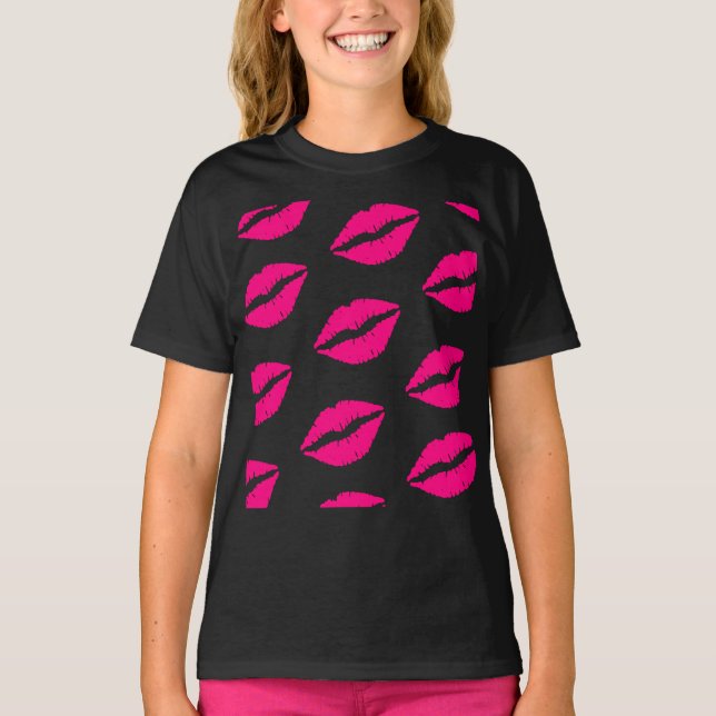 Hot Pink Lips Pattern Graphic T-Shirt (Front)