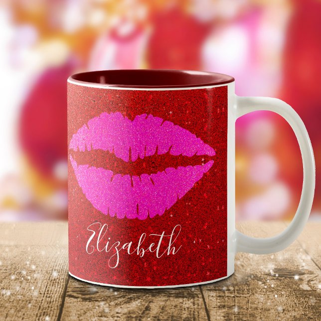  Hot Pink Lips Red Glitter Custom Name Bold Modern Two-Tone Coffee Mug (Creator Uploaded)