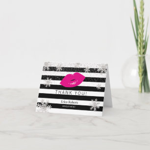 Hot Pink Lips Snowflakes Modern Stripes Thank You Card