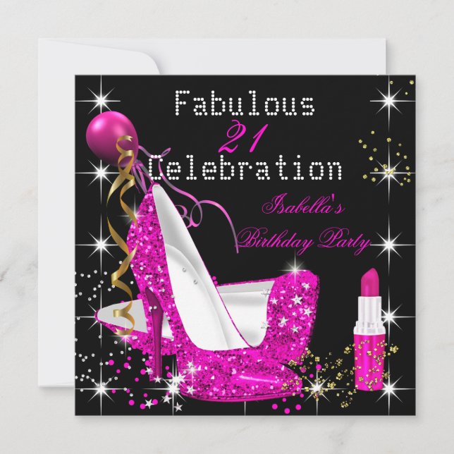 Hot Pink Lipstick Glitter High Heels Birthday Invitation (Front)