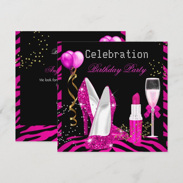 Hot Pink Lipstick Glitter Zebra Birthday Party Invitation (Front/Back)