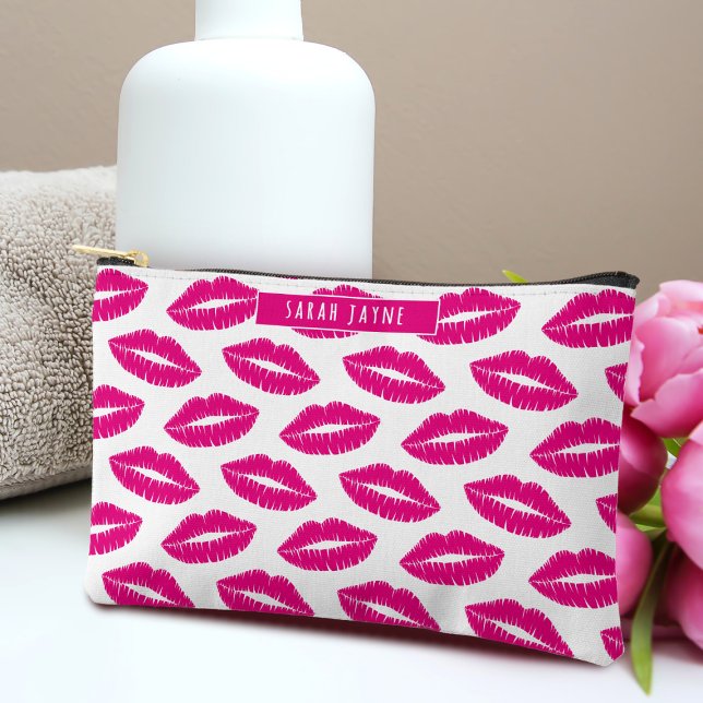 Hot Pink Lipstick Kiss Pattern Cosmetic Accessory Pouch (Hot pink lipstick kisses cosmetic bag with space for your name)