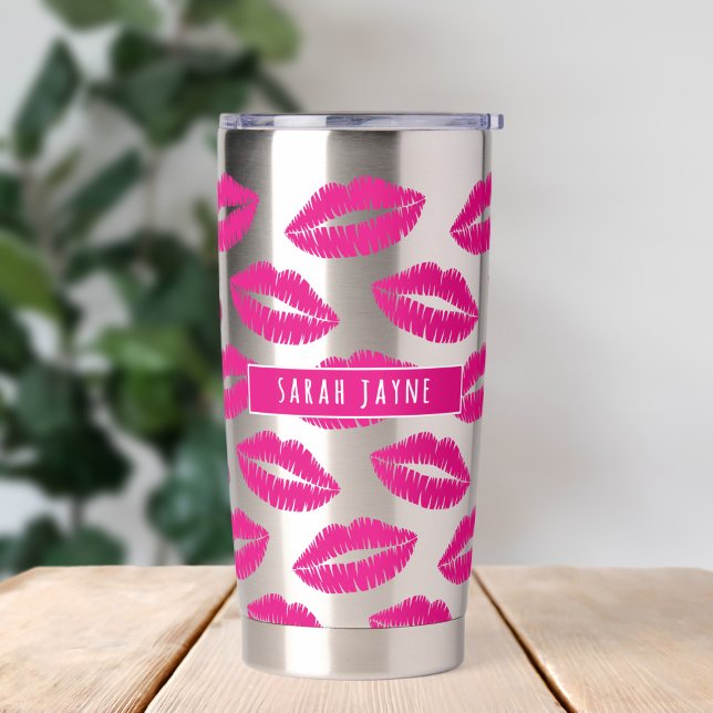 Hot Pink Lipstick Kiss Pattern Insulated Tumbler (Hot pink lipstick kisses tumbler with space for your name)