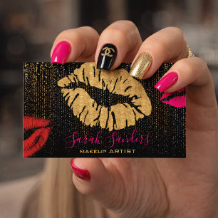 Hot Pink Lipstick Makeup Artist Gold Black  Business Card