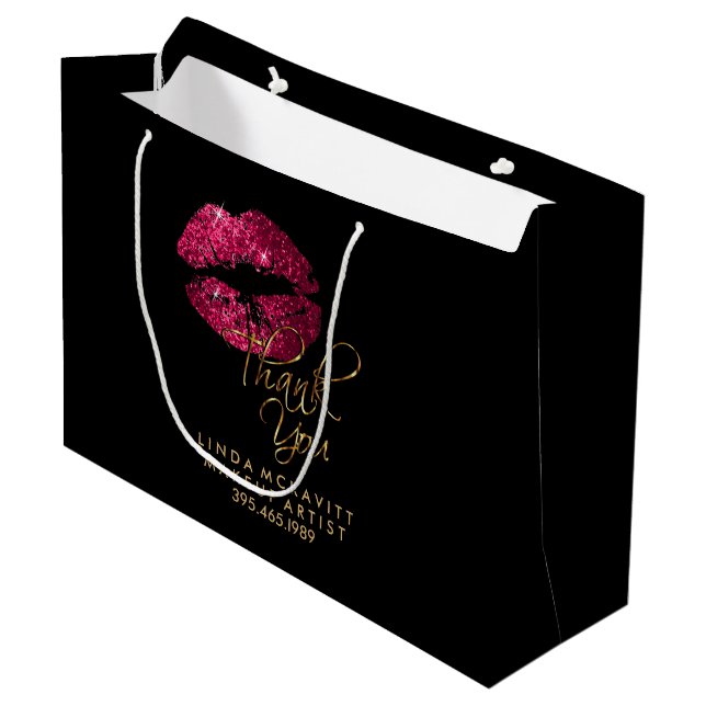Hot Pink Lipstick on Black - Thank You Large Gift Bag (Front Angled)