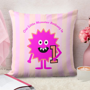 Hot Pink Little Monster Girl 1st Birthday Stripes Cushion