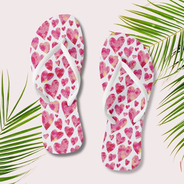 Hot Pink Love Heart pattern Jandals (Perfect for honeymoons, wedding or just a girly weekend, watercolor heart flip flops.)