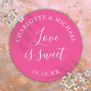 Hot Pink Love Is Sweet Wedding Favor Classic Round Sticker
