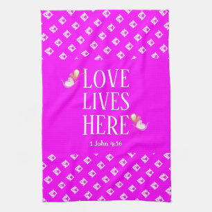 Hot Pink LOVE LIVES HERE Stylish Customisable Tea Towel