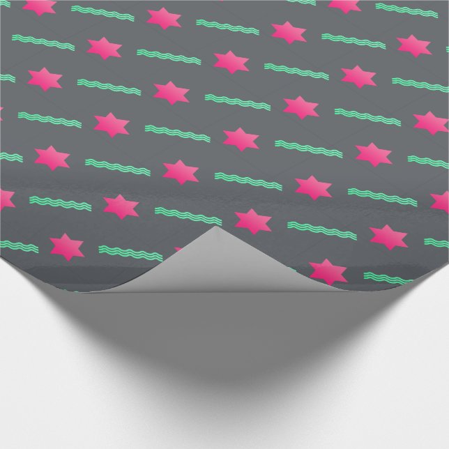 Hot Pink Magen David, Mint Streamers on Dark Grey Wrapping Paper (Corner)