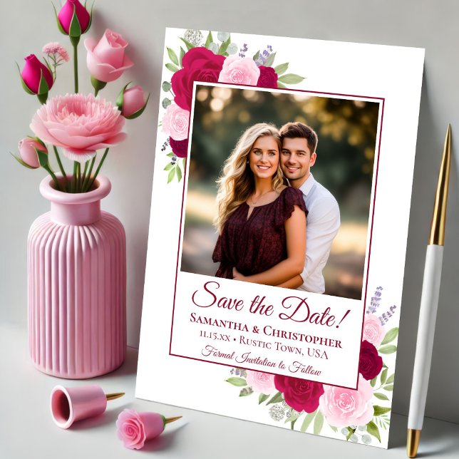 Hot Pink Magenta & Blush Boho Roses Photo Wedding Save The Date (Creator Uploaded)