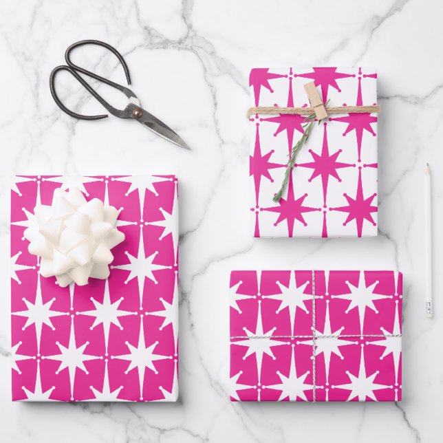 Hot Pink Magenta Bright Retro Starburst Pattern Wrapping Paper Sheet (Front)