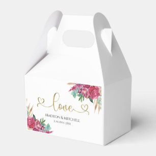 Hot Pink Magenta Floral Elegant Gold Script Hearts Favour Box