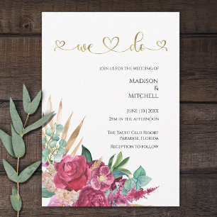 Hot Pink Magenta Floral Elegant Gold Script Hearts Invitation