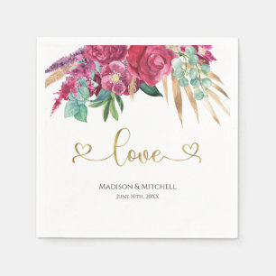 Hot Pink Magenta Floral Elegant Gold Script Hearts Napkin