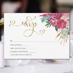 Hot Pink Magenta Floral Elegant Gold Script Hearts RSVP Card