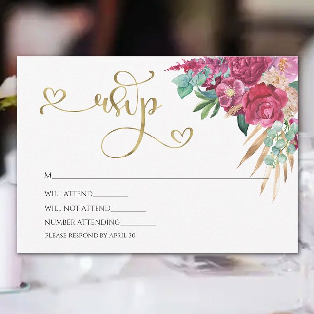 Hot Pink Magenta Floral Elegant Gold Script Hearts RSVP Card (Creator Uploaded)