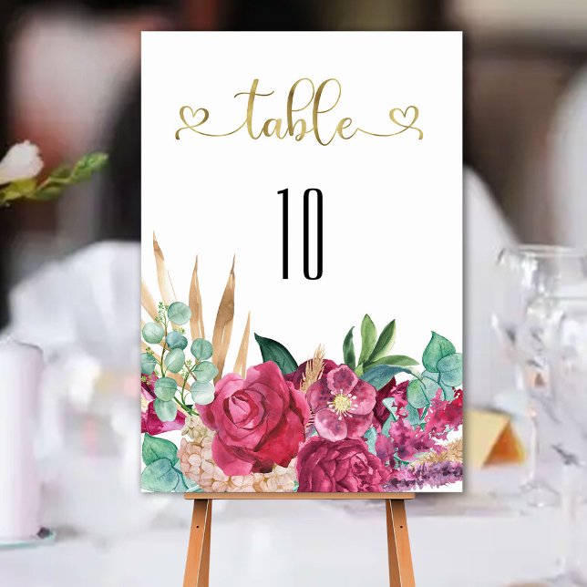 Hot Pink Magenta Floral Elegant Gold Script Hearts Table Number (Creator Uploaded)