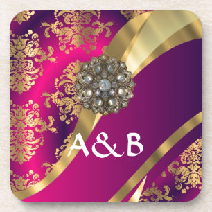 Hot pink Magenta & gold damask Coaster