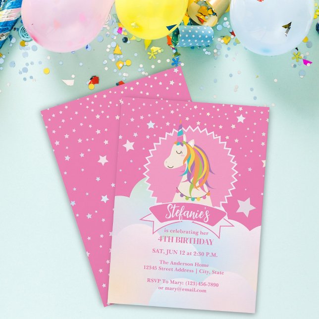 Hot Pink Magical Rainbow Unicorn Girl Birthday Invitation (Creator Uploaded)